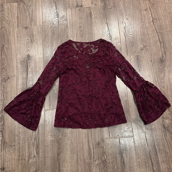 INC Women's Lace Top Sheer Bell Sleeve Purple Burgundy Size S Dark Fairy Boho - Picture 7 of 9